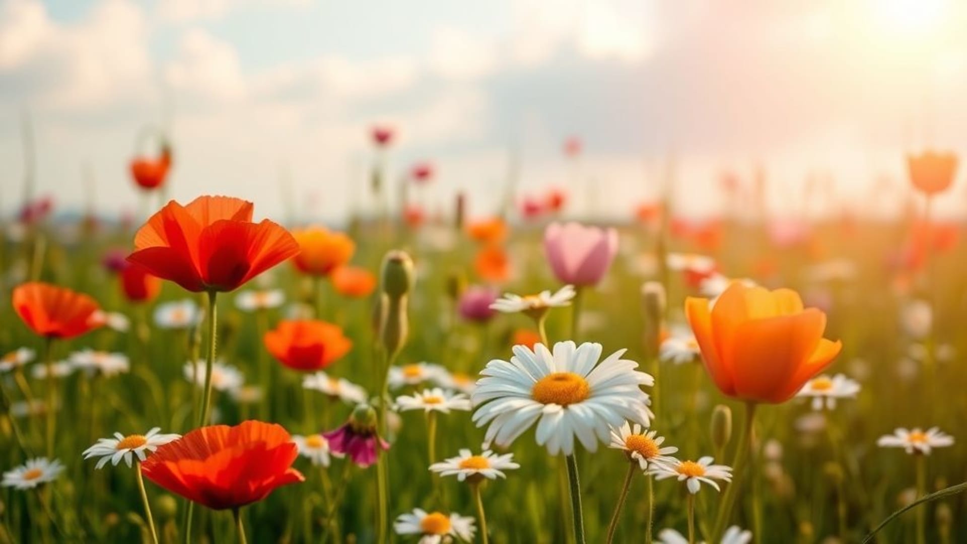 Champ de fleurs coquelicot tulipe marguerites pastel rêveur fond ecran illuminé par la lumière du soleil