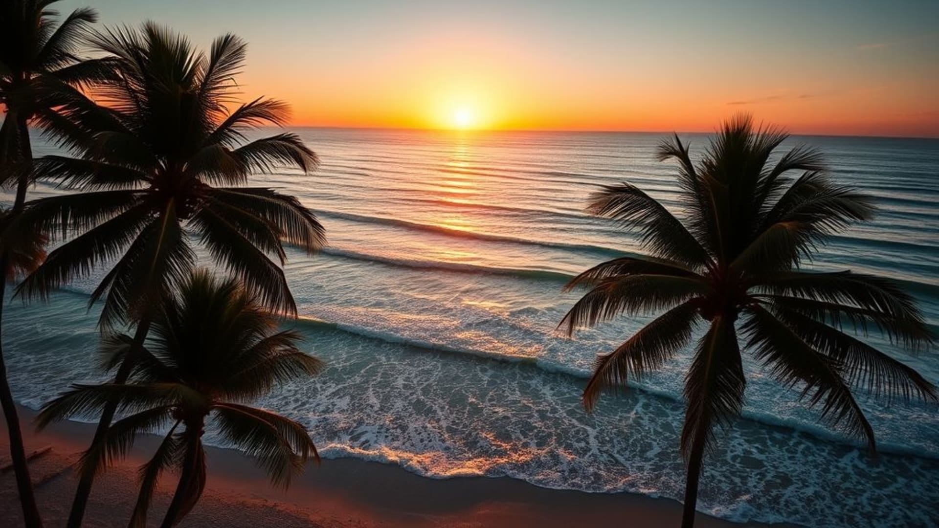 Vagues de plage au coucher du soleil palmiers heure dorée horizon paysage marin paisible turquoise perspective aérienne ambiance côtière
