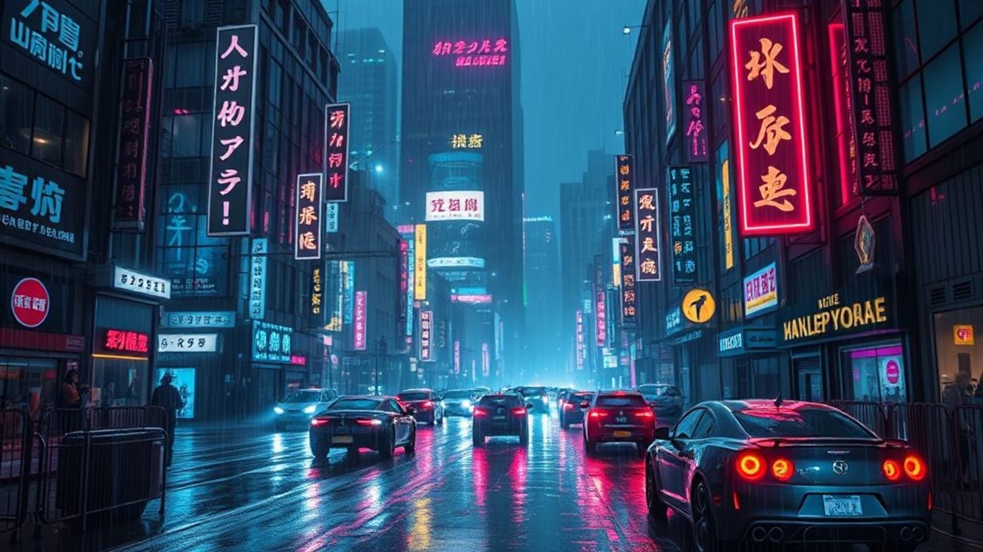 scape urbain cyberpunk néon rues pluvieuses enseignes néon véhicules futuristes synthwave dégradé nuit