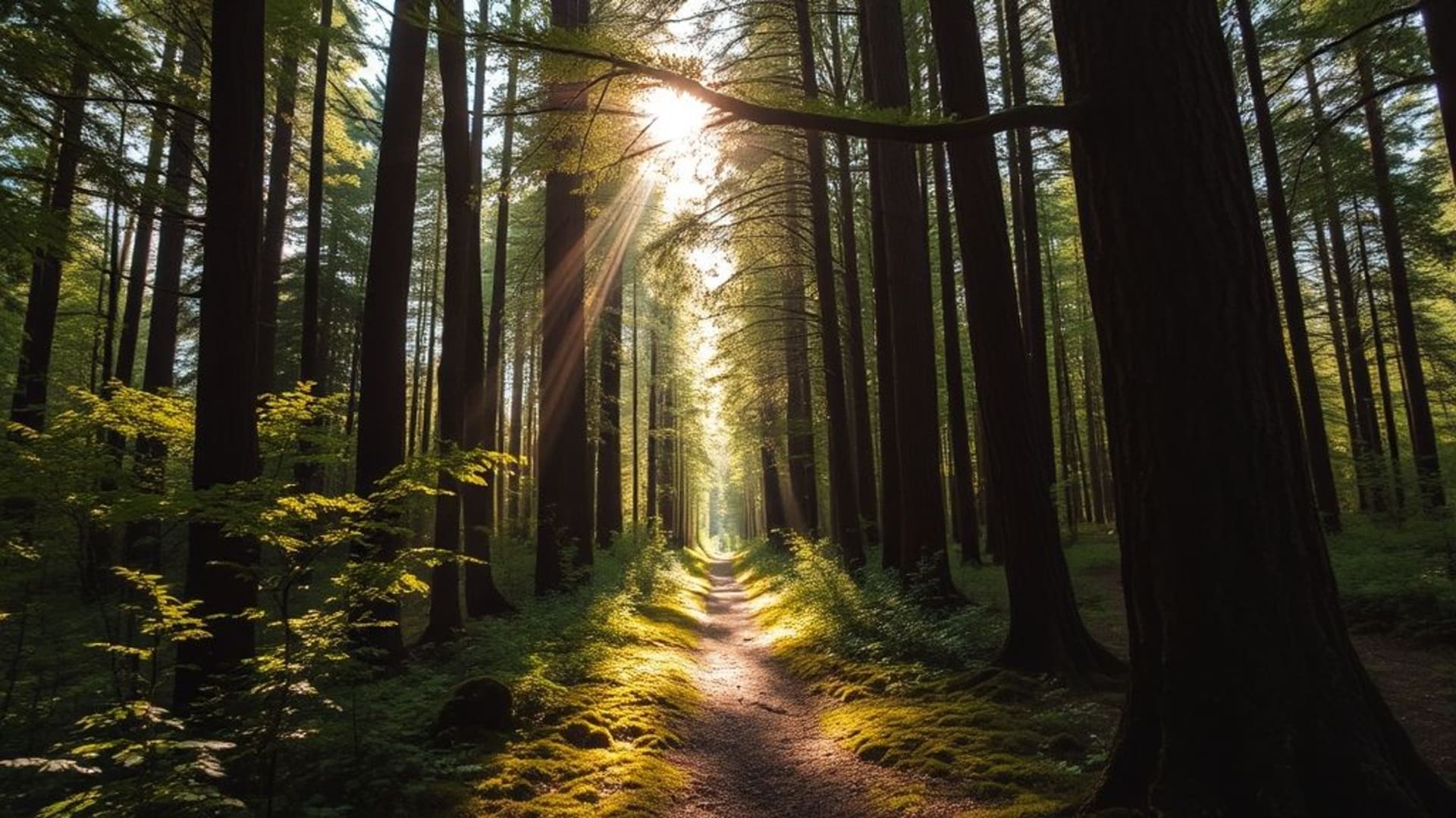 Le feuillage de la forêt filtre la lumière du soleil, enveloppant de verts chauds, avec un chemin recouvert de mousse dans une nature paisible vue de près