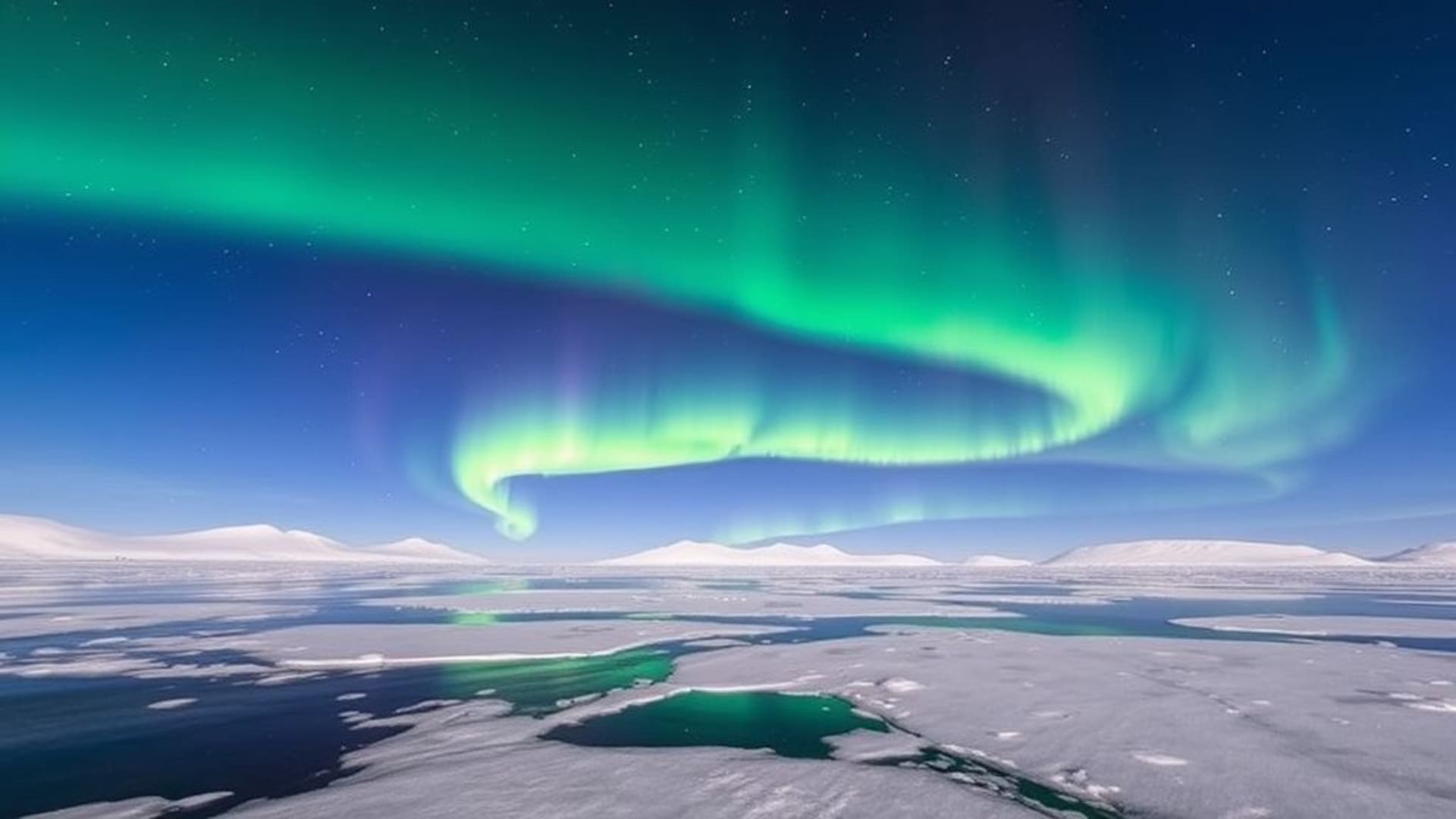 aurore boréale arctique ciel nocturne scintillant de verts et de pourpres lac glacé reflet