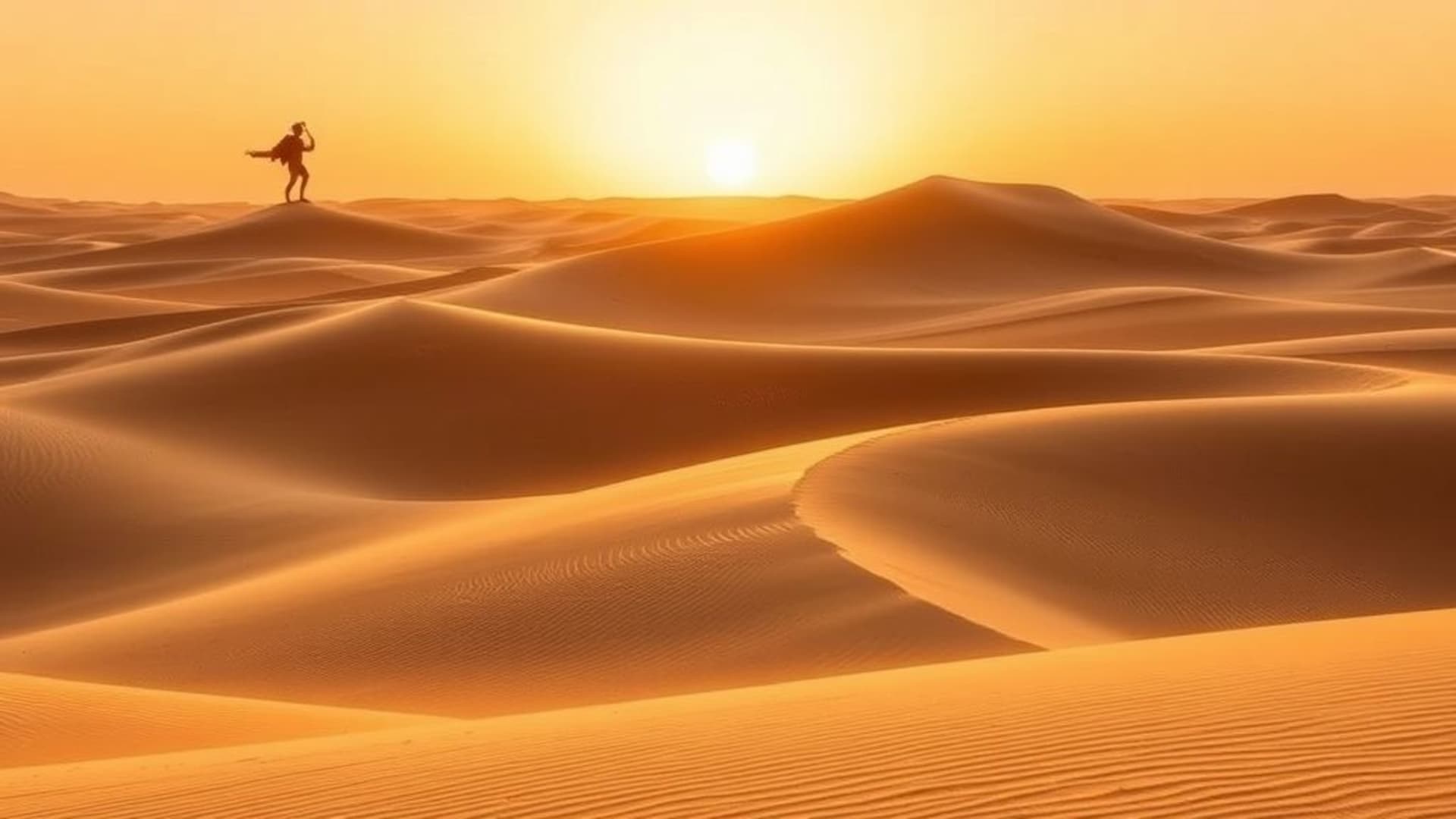 Les dunes désertiques, motifs du vent, sables dorés, coucher de soleil, silhouettes, ambiance nomade, minimaliste, fond d'écran