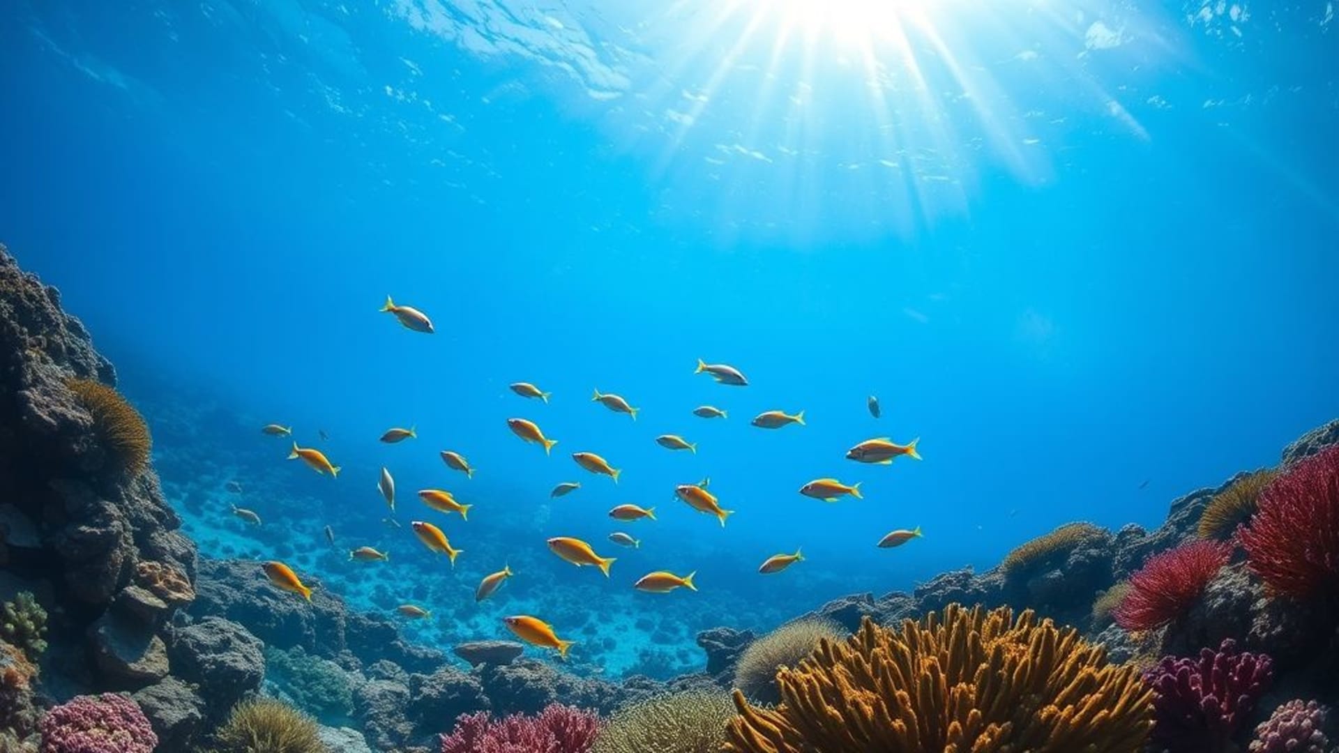 une barrière de corail immergée poissons colorés rayons de soleil eau bleue mer calme vie marine