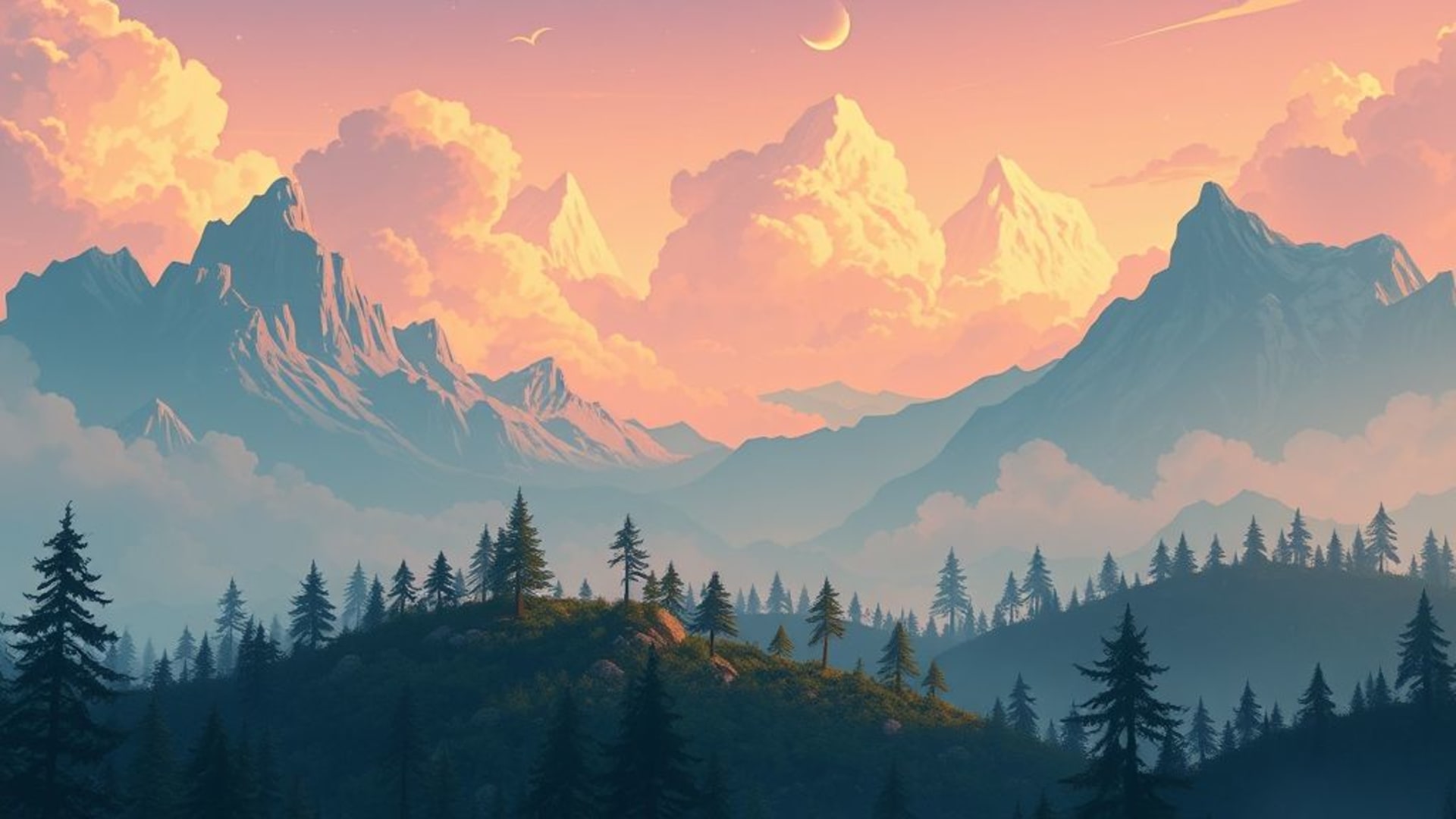 paysages fantastiques inspirés de ghibli ciels lunaires magiques forêts enchantées couleurs pastel oniriques