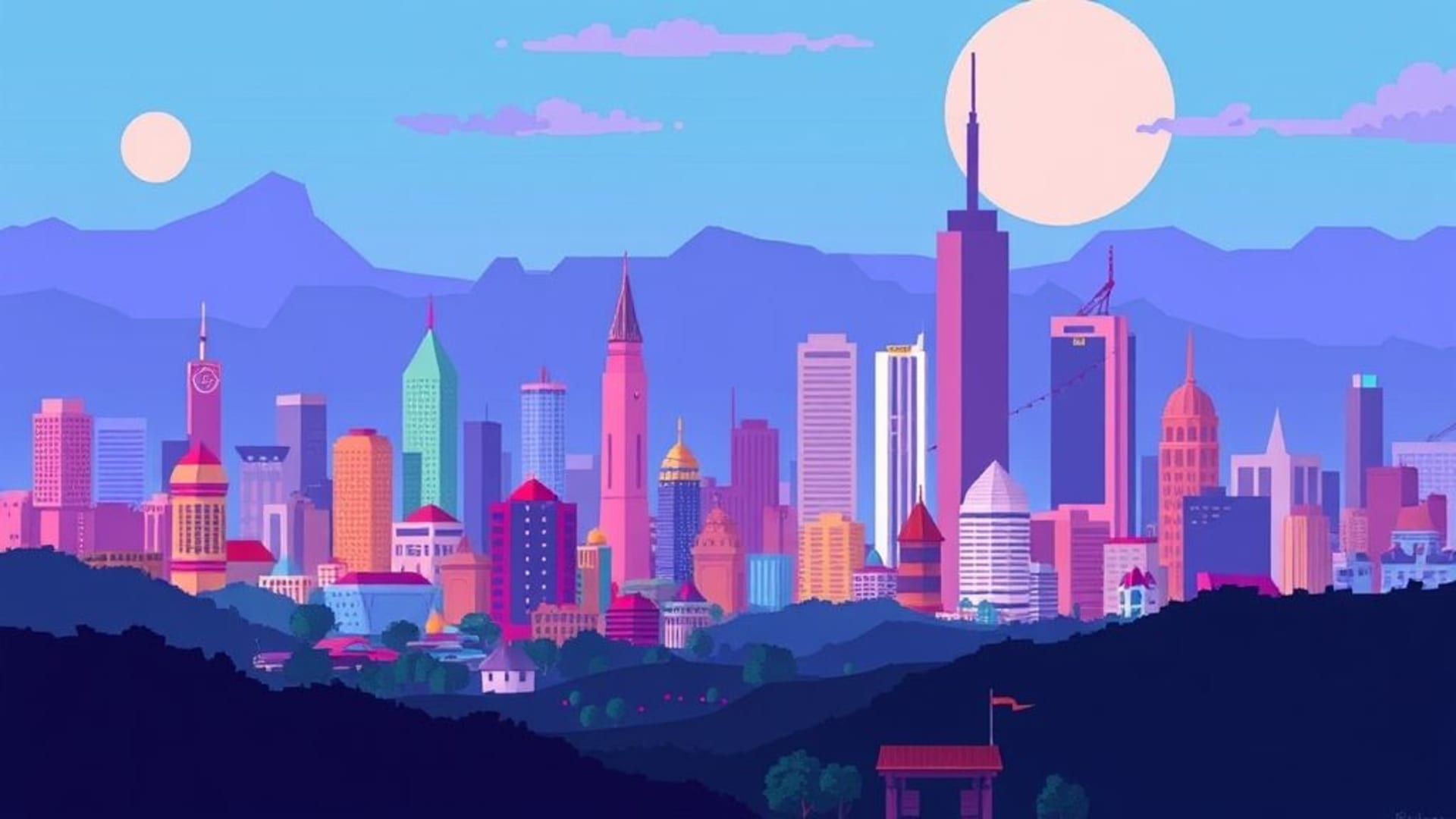 paysage urbain pixel art rétro 8 bits couleurs vives formes géométriques fond ecran nostalgique