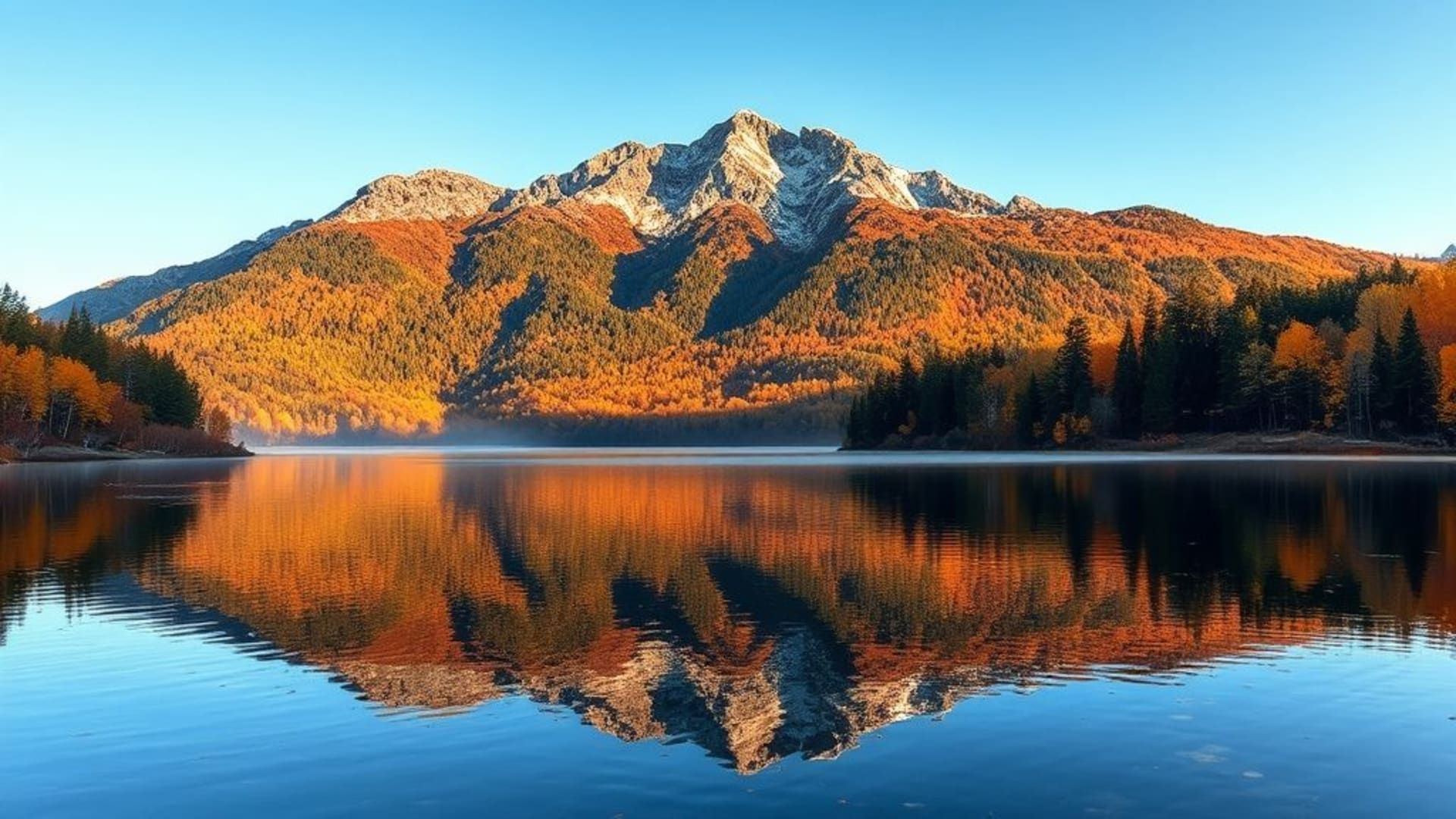 Lac de montagne couleurs automnales reflets feuillage air frais paysage paisible fond d'écran