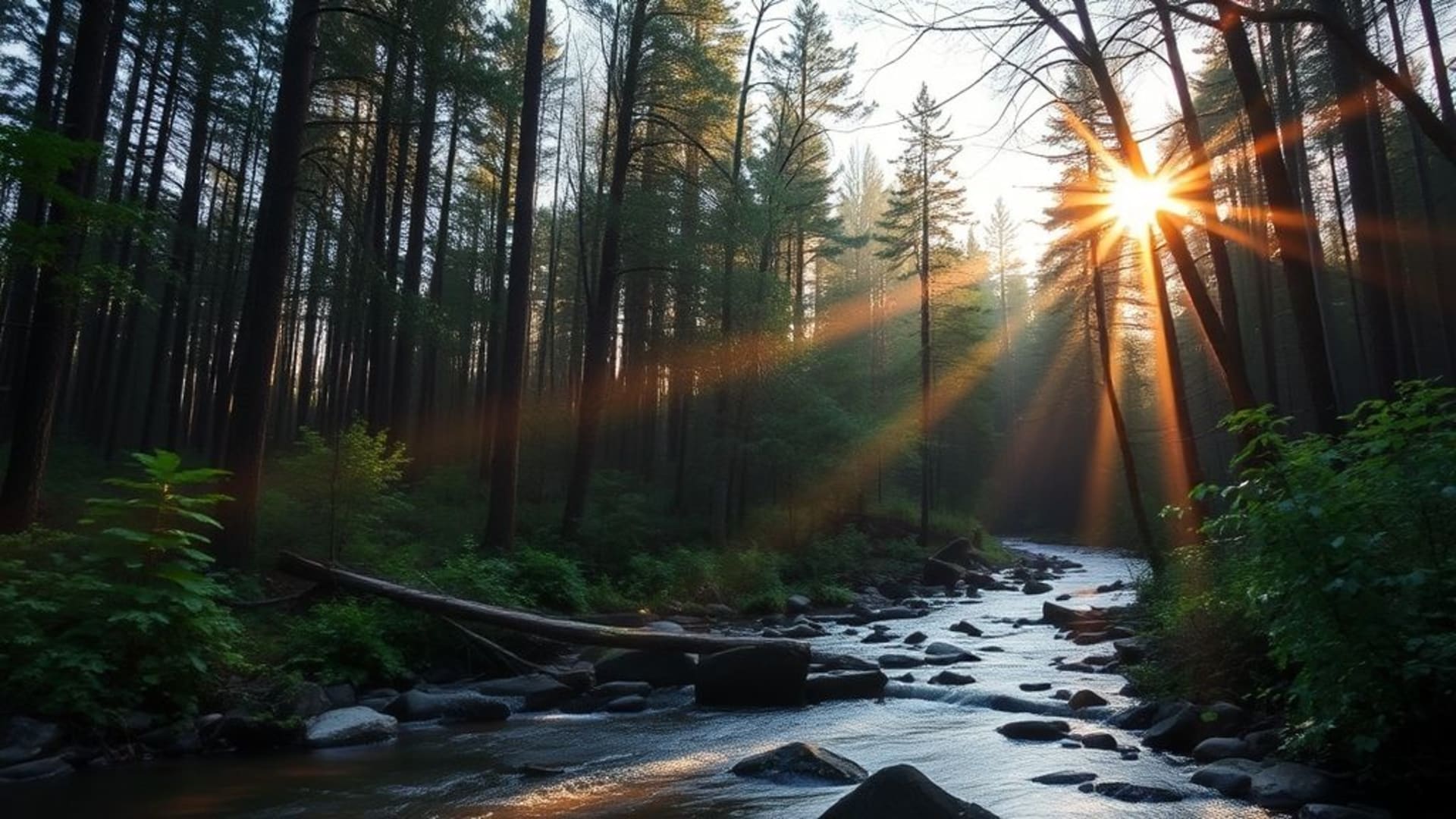 Rivière de forêt rayons de soleil flou lumière crépuscule crépuscule naturel calme fond d'écran