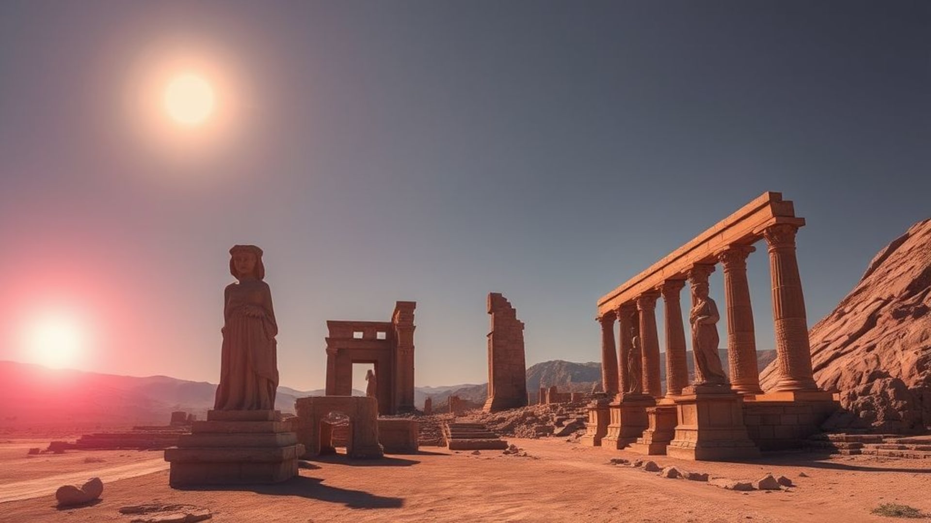 ruines anciennes désert soleil statues de pierre atmosphériques dramatiques mystérieuses palette