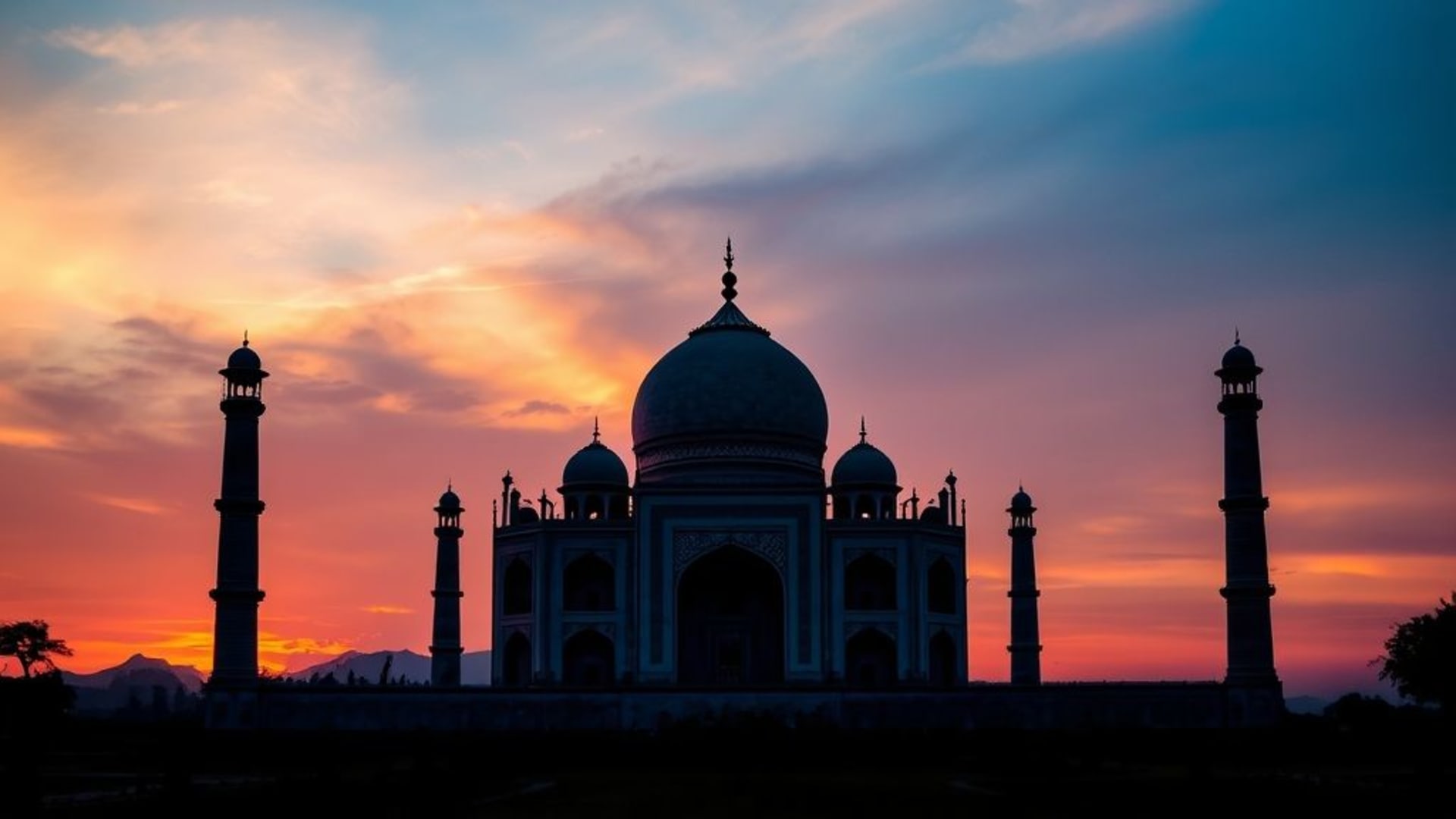 Silhouette du coucher de soleil sur le Taj Mahal, romantique, voyage, fond d'écran, visites touristiques, onirique, couleurs vibrantes