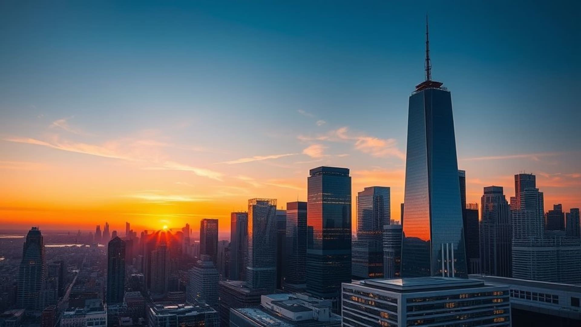 ciel urbain au lever du soleil lumière matinale gratte-ciel en verre réfléchissant moderne fond ecran