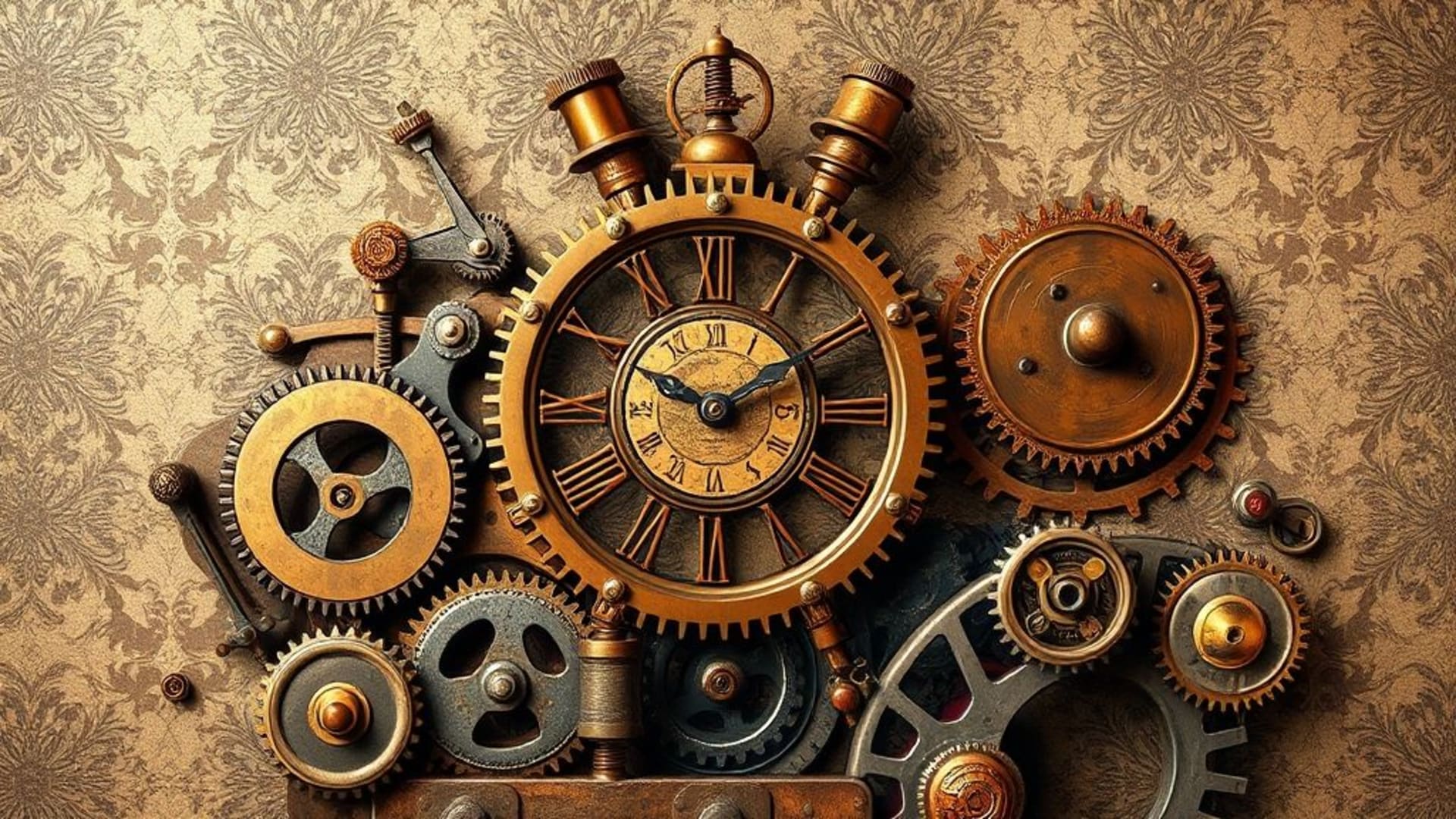 engrenages steampunk cuivre laiton machinerie vintage horlogerie ornée fond ecran victorien industriel