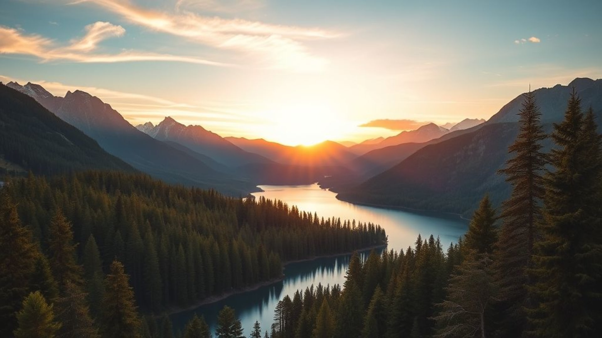 Paysage naturel montagnes lac forêt lever de soleil fond d'écran 4K bureau HDR ultra-large photo-réaliste cinématographique bokeh vibrant coloré calme