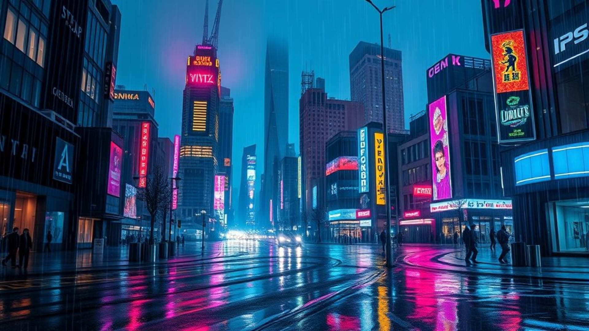 ville cyberpunk pluie de néons paysage nocturne horizon futuriste signalisation holographique rues mouillées fond d'écran 4K ultra-large éclat vibrant luminosité audacieuse