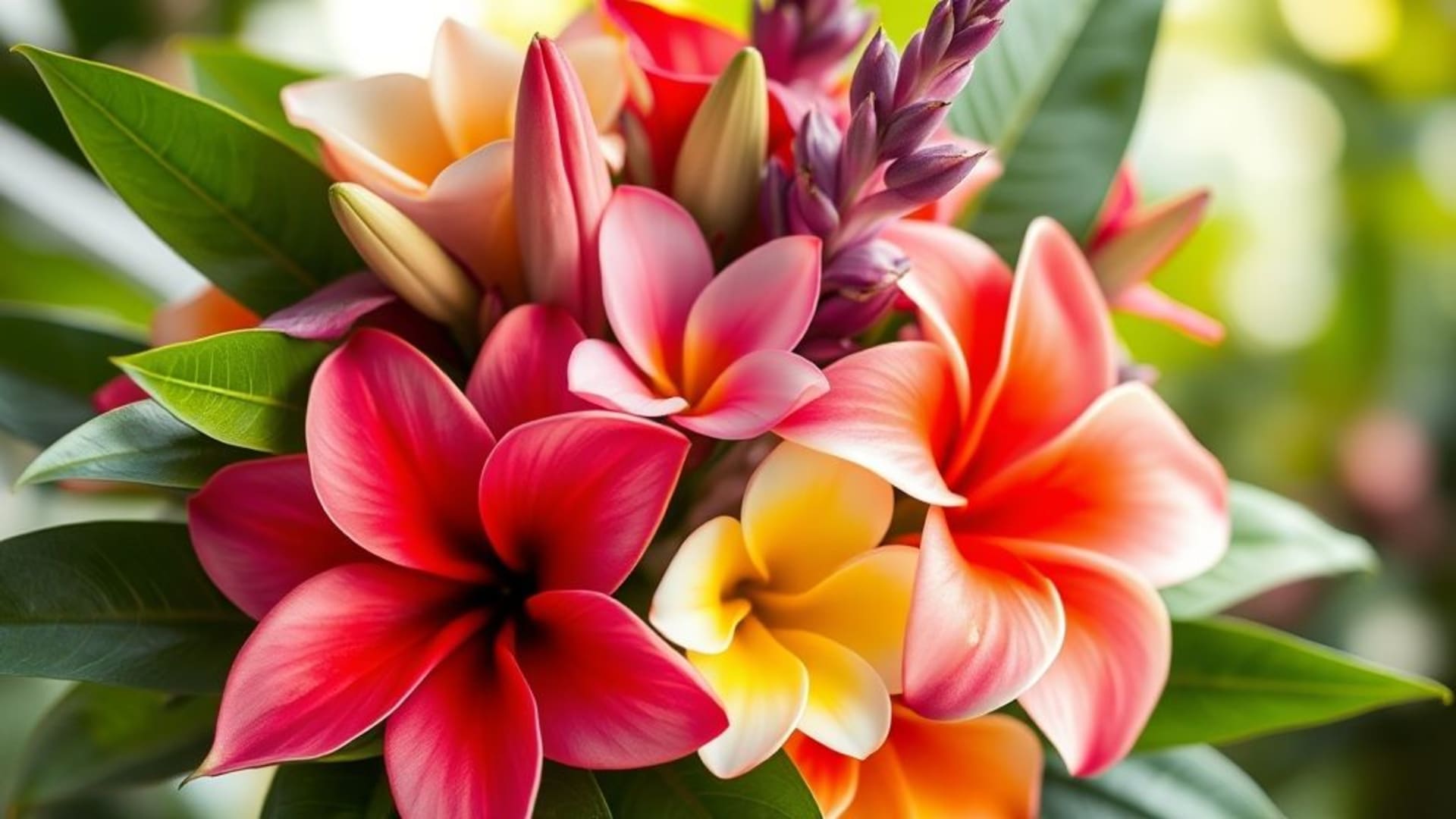 Un bouquet floral tropical de pétales et de feuilles aux couleurs vibrantes, fond flou doux, nature verte, calme, lueur douce, fond d'écran pour bureau.