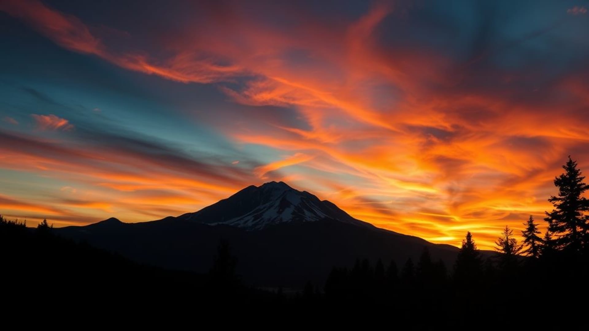 paysage de montagne ciel dramatique coucher de soleil silhouette forêt de pins fond d'écran haute résolution