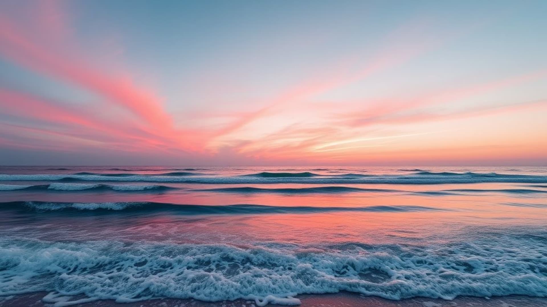 vagues de l'océan plage coucher de soleil rose bleu dégradé fond ecran apaisant mer