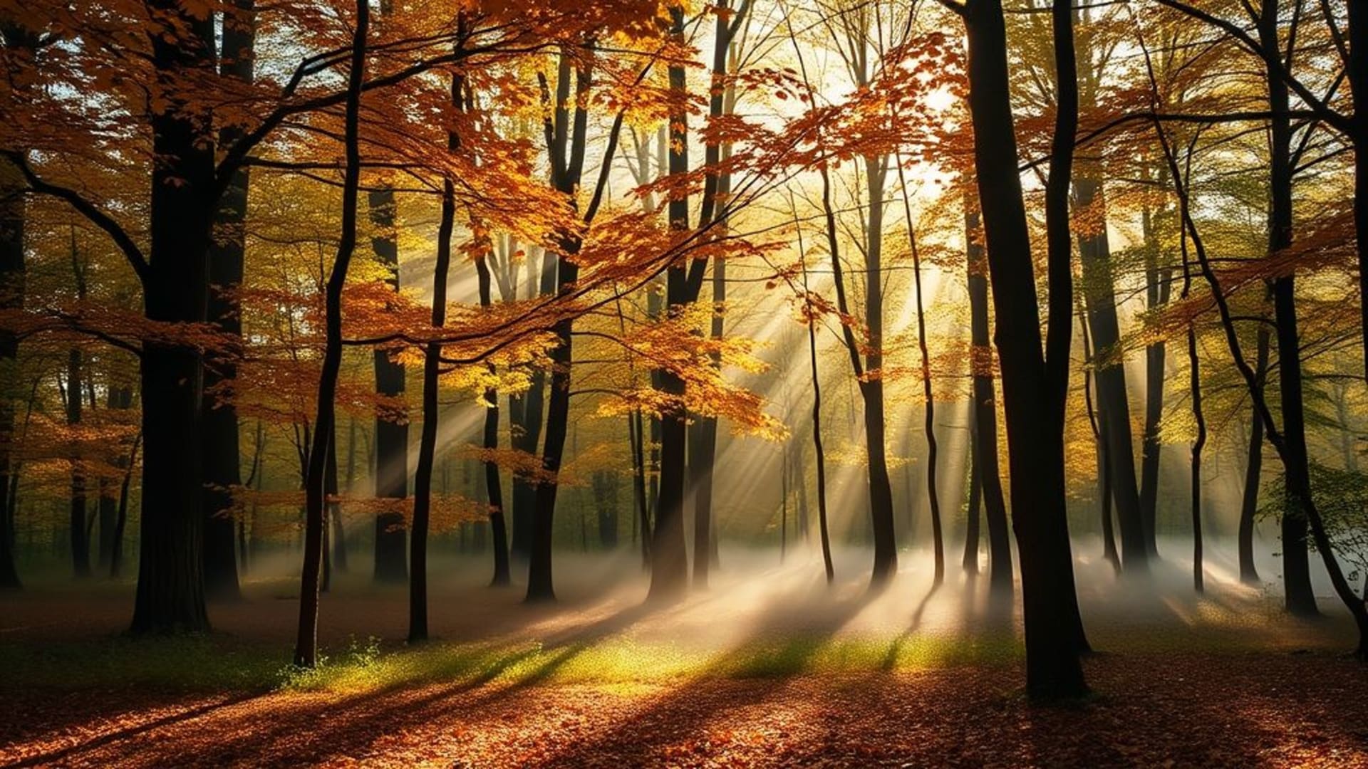 brume de forêt feuilles d'automne lumière du soleil flou typographie fond d'écran amical nature vert calme lueur doux