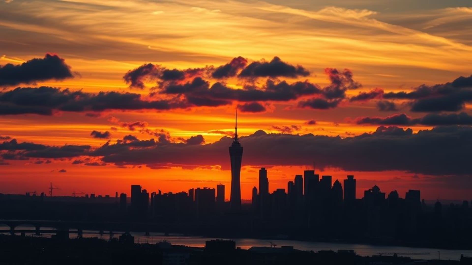 Paysage urbain crépusculaire vue sur la ville horizon nuages silhouettes heure dorée fond d'écran nocturne reflets 4K bureau fond ambiance chaude