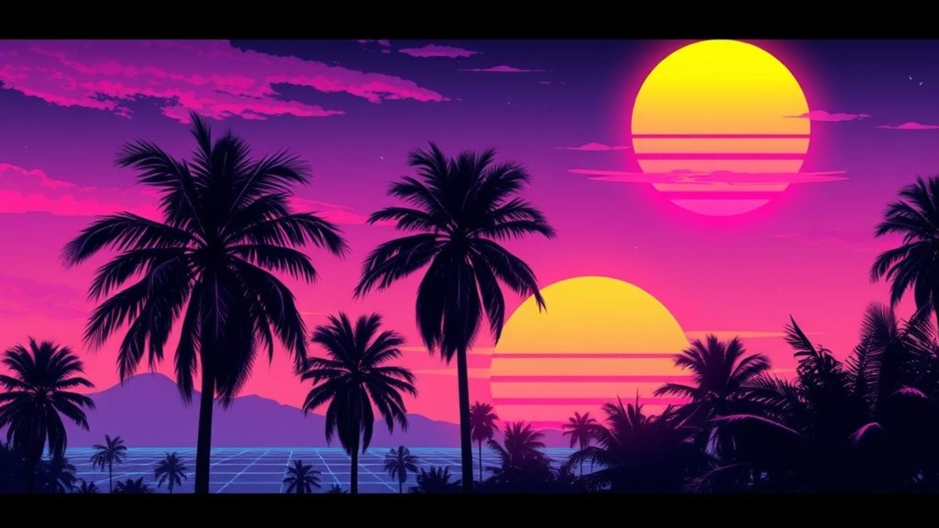 art rétro vaporwave arbre palmier grille coucher de soleil glitch néon des années 80 fond ecran