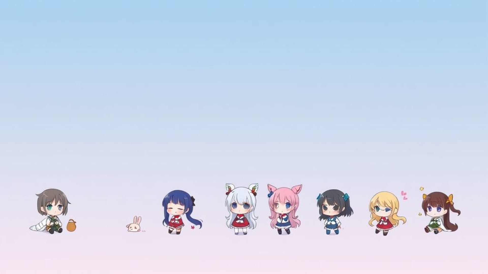 fond ecran de style anime personnages chibi mignons couleurs pastel dégradé doux