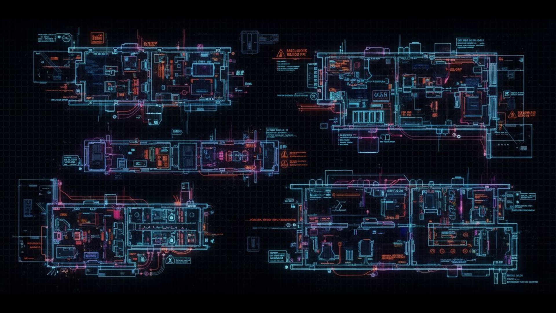 plan intérieur d'une station spatiale schéma cyberpunk néon technique fond ecran grille sombre