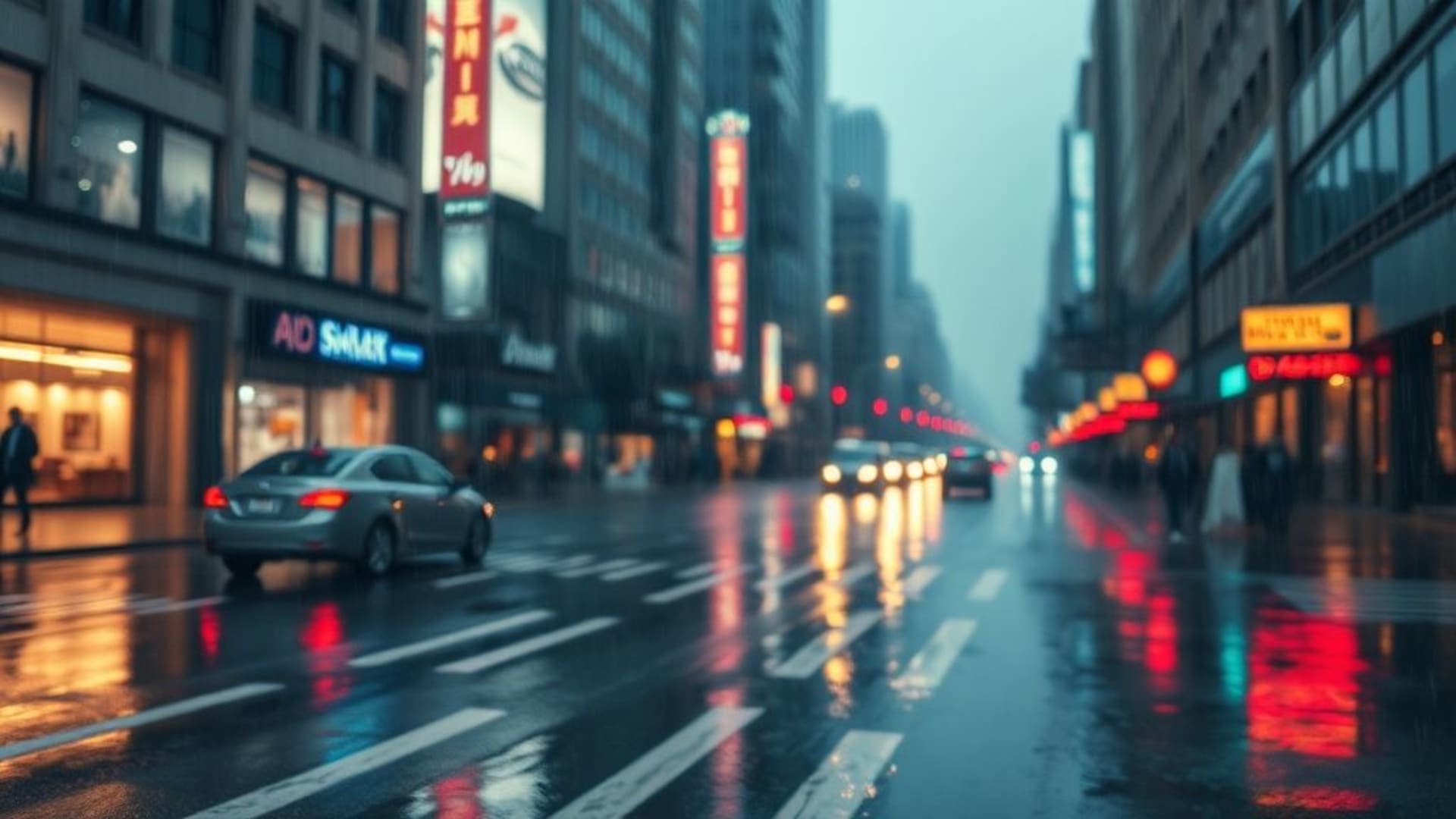 reflet de rue urbaine pluvieuse lumières néon brume ambiance fond d'écran texture humide 4K