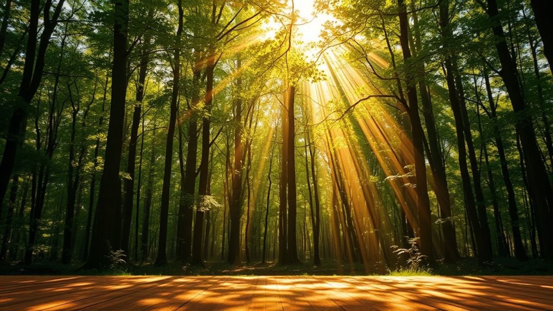 Rayon de soleil, sol de la forêt, tige de lumière, lumière tamisée, soleil marbré, fond ecran, flou doré, bureau, nature, calme, vert, ambiance.