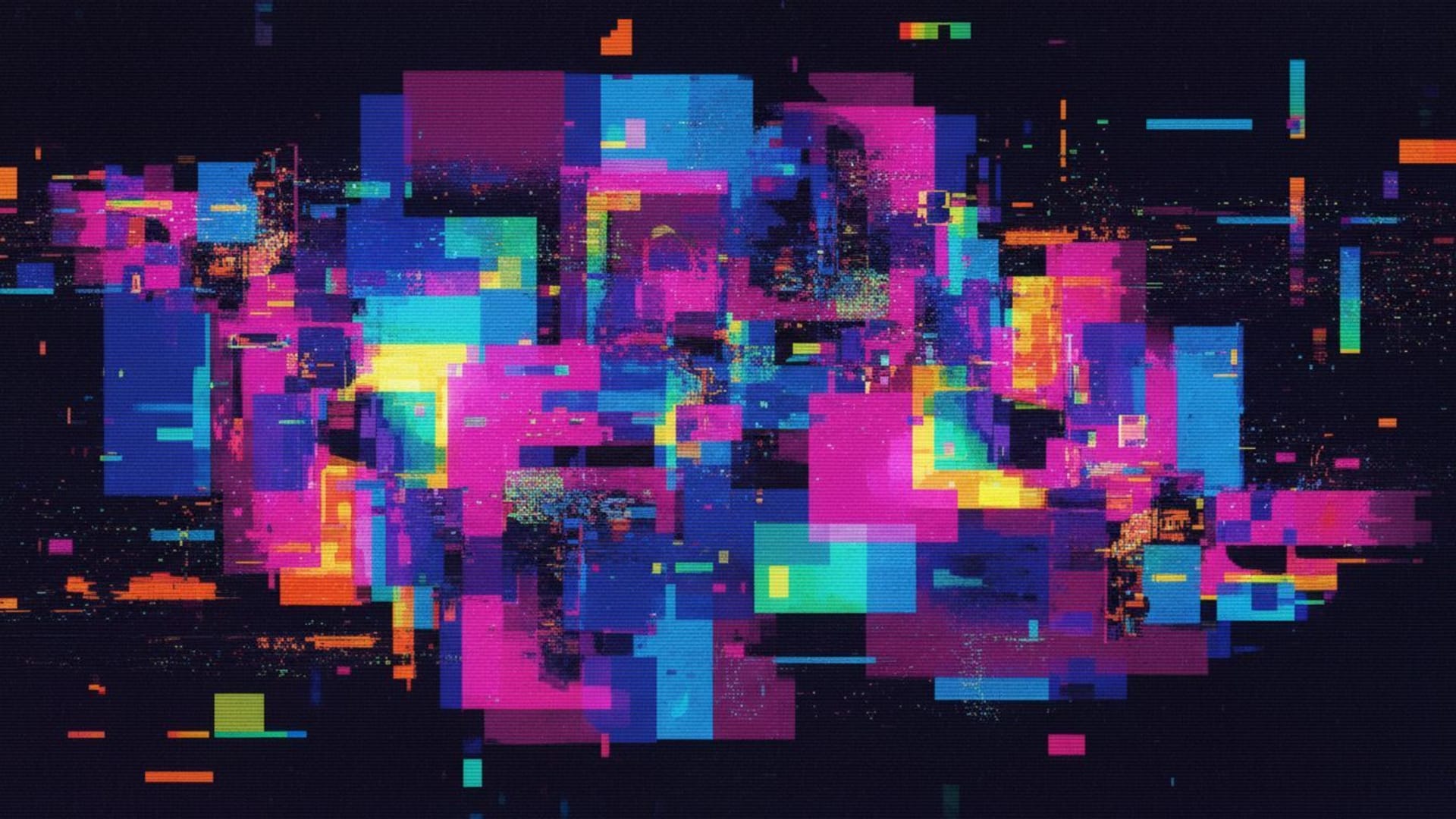 glitch art pixels déformés couleurs vives abstrait fond d'écran numérique bruit lignes de balayage