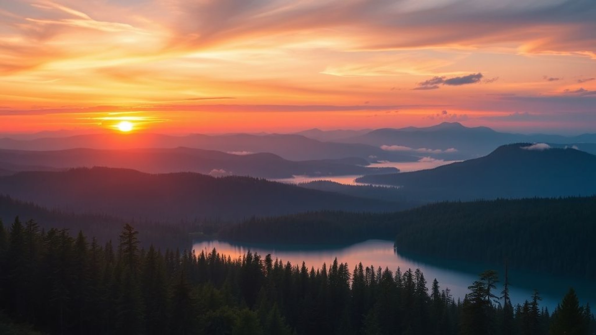 montagnes lever du soleil brume forêt lac paysage panoramique nature paysage fond d'écran serein paisible couleurs vibrantes ciel nuages
