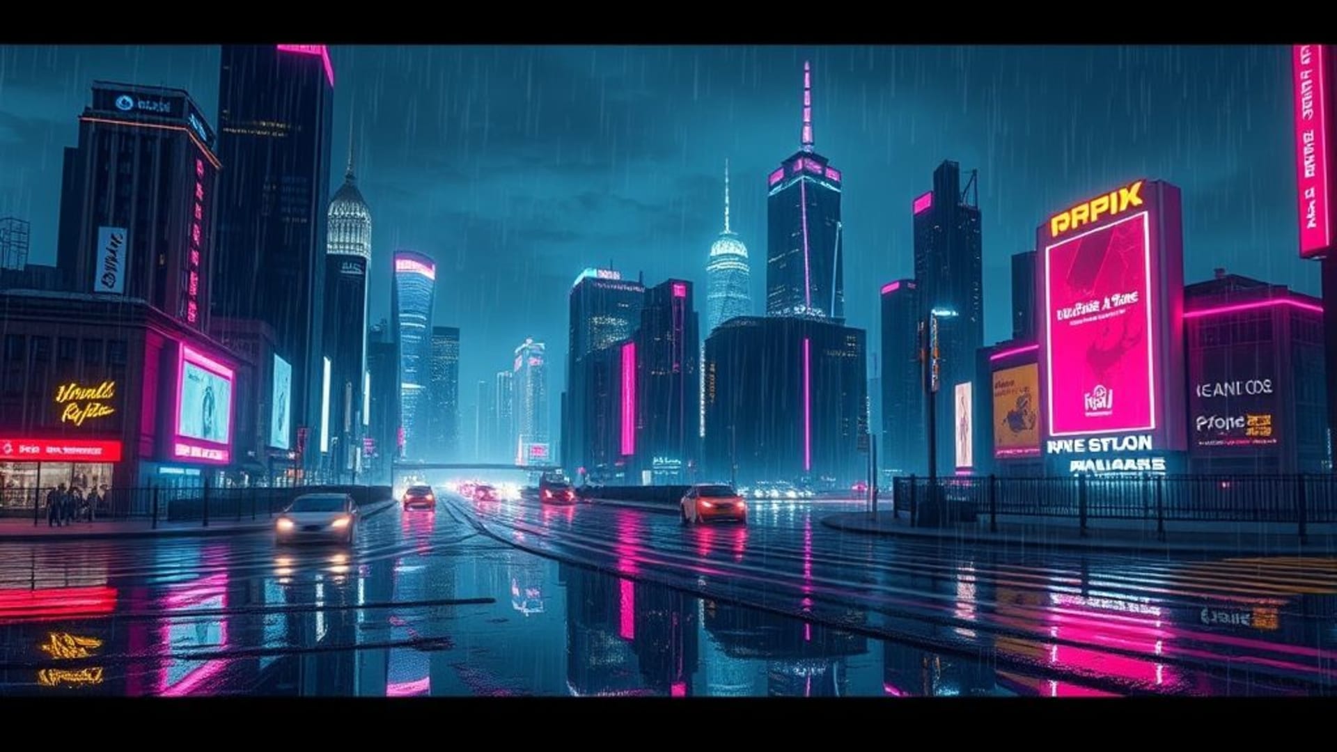urbain néon cyberpunk pluie reflets horizon futuriste nuit éclat ambiance dramatique