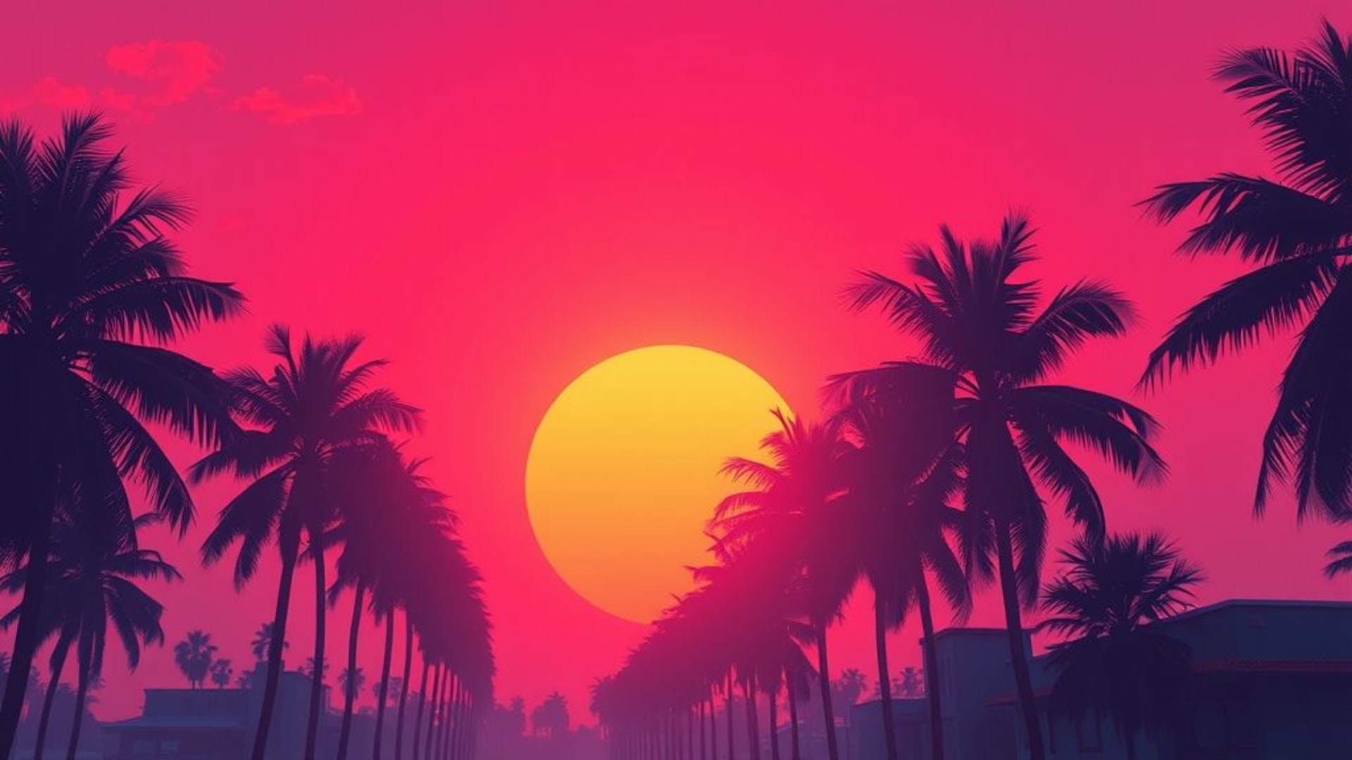 coucher de soleil vaporwave palmiers rétro synthwave esthétique années 80 néon grille nostalgique