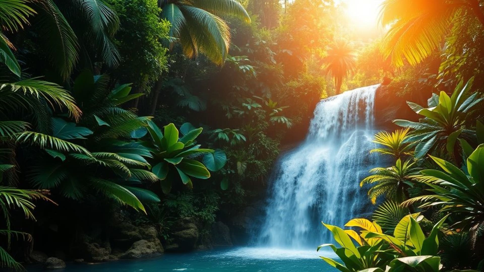 cascade de jungle tropicale verdure luxuriante rayons de soleil vie vibrante fond d'écran