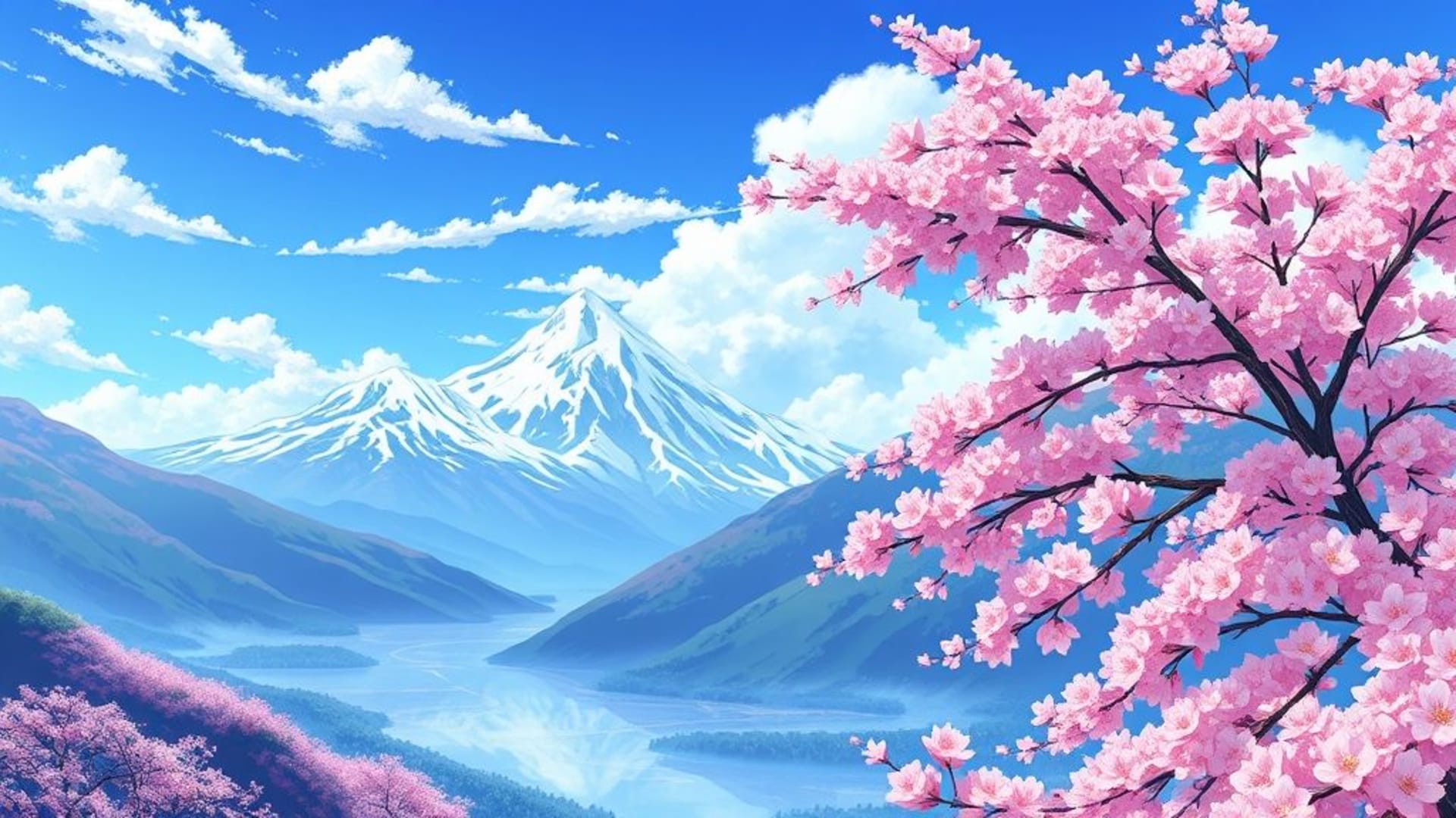 paysage d'animation avec montagnes cerisiers en fleurs ciel bleu couleurs vives illustration