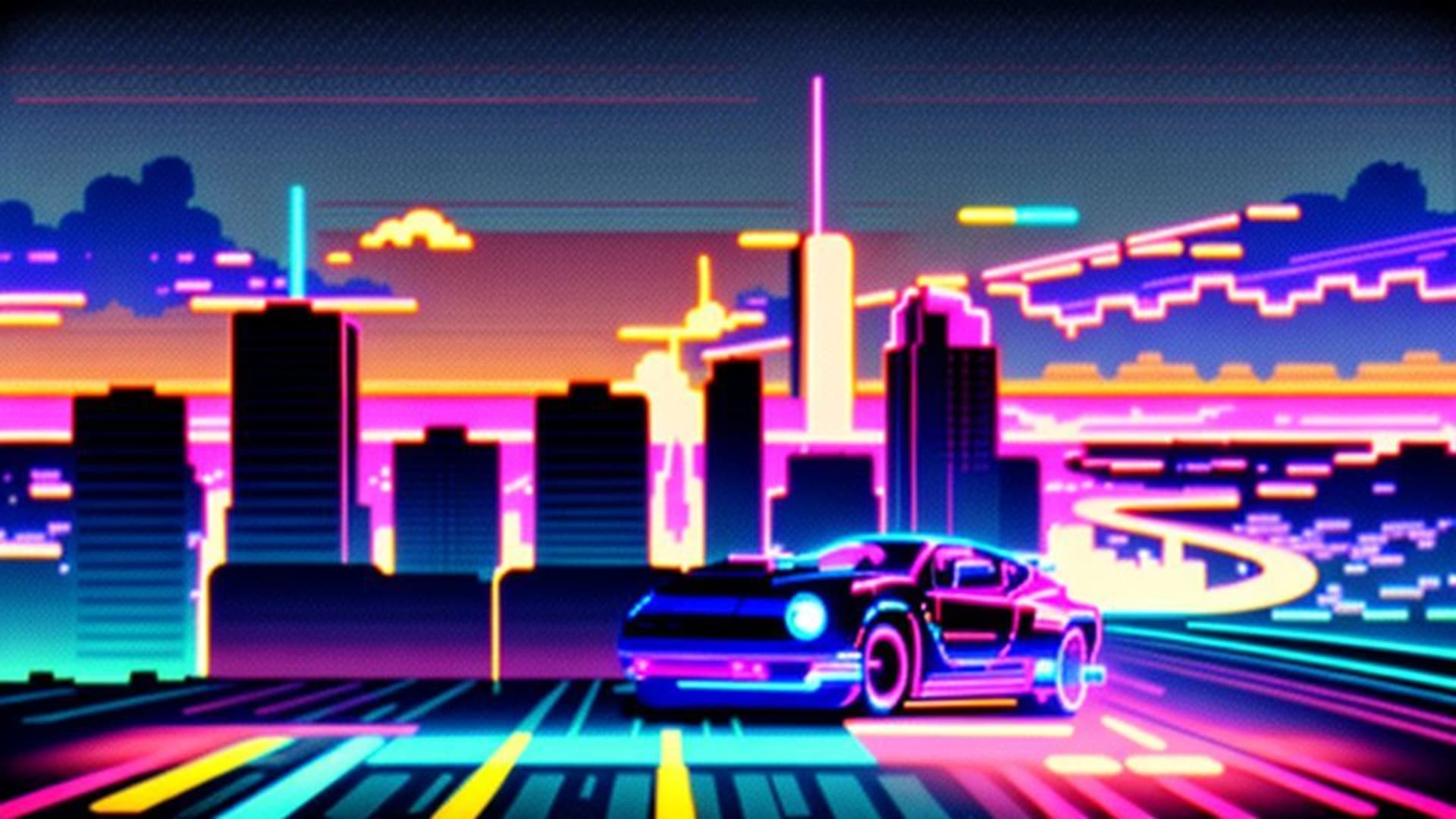 Dépasser le style synthwave ville lumière grille horizon rétro futurisme fond d'écran palette de rêves