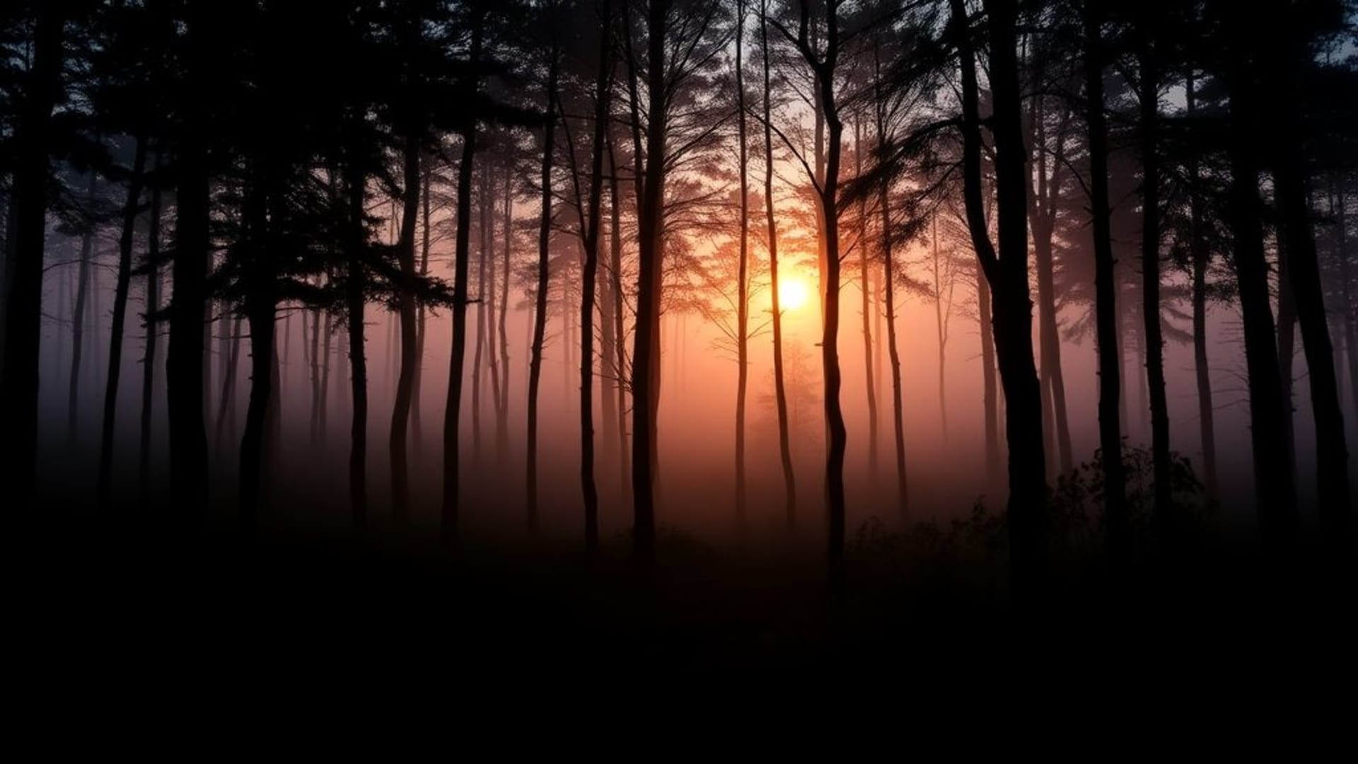 Brume forestière aube lever de soleil silhouettes paysage tranquille fond d'écran éclairage doux