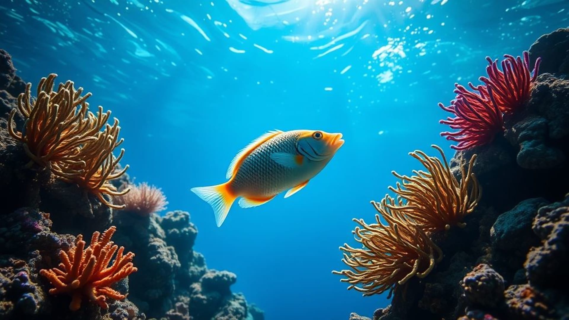 aquarium de récif corallien sous-marin eau bleue turquoise éclairée par le soleil macro poisson fond ecran